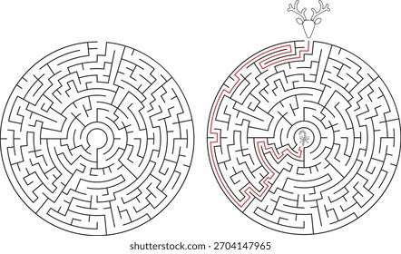 Dos laberintos circulares detallados se muestran uno al lado del otro. El laberinto derecho muestra un camino resuelto resaltado en rojo.