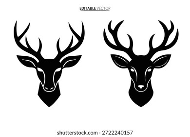 Dos ilustraciones detalladas de la cabeza de ciervo, presentadas en un llamativo estilo de Vector blanco y negro.