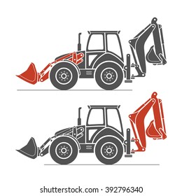 Two detailed excavators in gray color. Typical four wheeled excavators in silhouette style. Different parts of excavator - front and rear scoop. Excavator stock vector image.