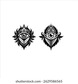 two detailed eye designs surrounded by floral elements in a black and white graphic illustration.