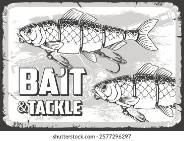 Two detailed fish illustrations are showcased with hooks emphasizing bait and tackle themes. The design has a vintage style with a textured background ideal for fishing enthusiasts.