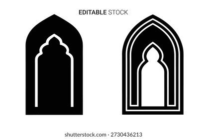Two detailed gothic arch windows are presented, featuring a striking black silhouette style.