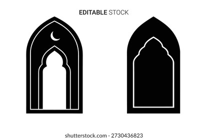 Dos arcos góticos detallados, uno con una luna creciente, presentados en un estilo de silueta audaz.