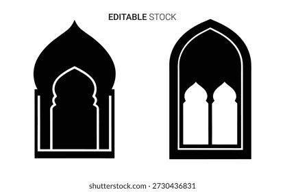 Two detailed gothic window outlines are shown, notable for their crisp black silhouette style.