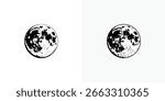 Two detailed moon illustrations show cratered surfaces and textural details in black and white, set against a stark white background.