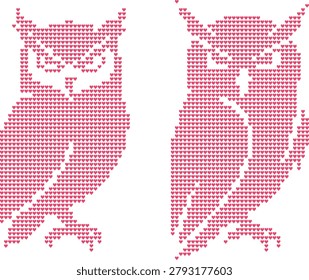 Two detailed pink owls constructed from small heart shapes, nocturnal, wise, charming, on white.