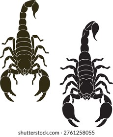 Two detailed stylized scorpion illustrations, one dark brown and one black, viewed from above.