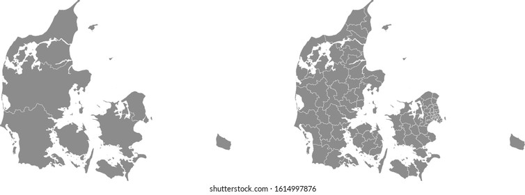 Two detailed vector maps of Danish administrative regions and areas in grey color