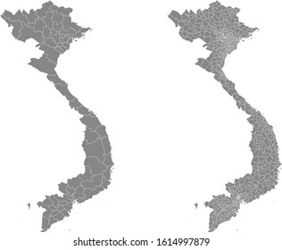 Two detailed vector maps of Vietnam regions and administrative areas in grey color