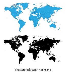 Two detailed world maps, one with country borders, vector illustration