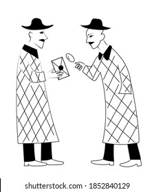 Two detectives in coats and hats are examining a letter with a seal under a magnifying glass. Vector black and white image