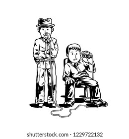 Two detectives talking through cups illustration