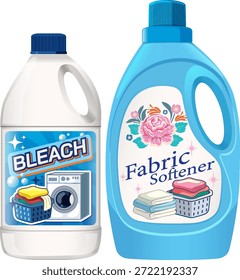 Dos botellas de detergente con etiquetas coloridas, estilo de Vector limpio, colores brillantes, aislados en blanco