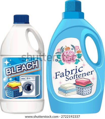 Two detergent bottles with colorful labels, clean vector style, bright colors, isolated on white