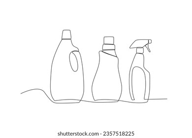 Two detergents and a cleaning spray. Cleaning supplies one-line drawing