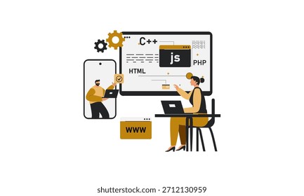 Dos desarrolladores discuten una reunión en línea sobre codificación de Web