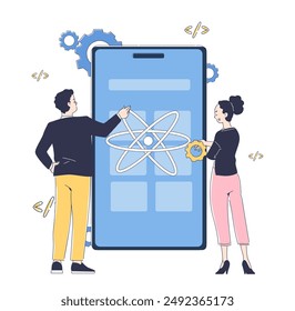 Two developers analyze a mobile app interface displayed on a large screen. Cartoon style linear vector illustration, white background. Concept of app development