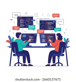 Two developers collaborating on coding projects together at a desk with monitors and chat bubbles
