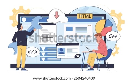 Two developers interact with coding elements on a large screen, surrounded by icons and charts, on a white background. Concept of programming and web development. Vector illustration