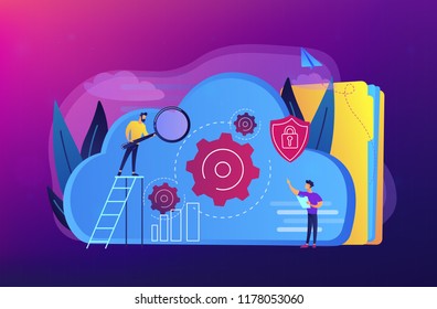 Two developers looking at the gears on the cloud. Digital data storage, database securiry, data protection, cloud technology concept, violet palette. Vector illustration isolated on violet background.