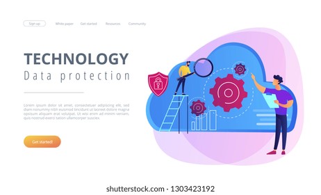 Two developers looking at the gears on the cloud. Digital data storage, database securiry, data protection, cloud technology concept, violet palette. Vector illustration isolated on white background.