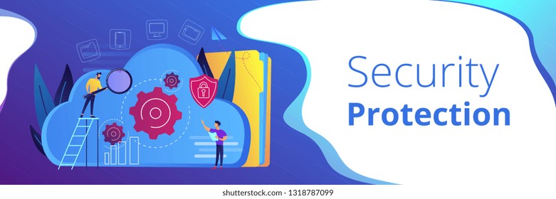 Two developers looking at the gears on the cloud. Digital data storage, database securiry, data protection, cloud technology concept, violet palette. Header or footer banner template.