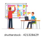 Two developers planning their work. Scrum task board hanging in a team room full of tasks on sticky note cards.  Flat style color modern vector illustration.