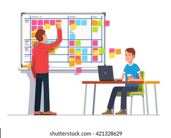 Two developers planning their work. Scrum task board hanging in a team room full of tasks on sticky note cards.  Flat style color modern vector illustration.