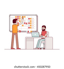 Two developers planning their work. Scrum task board hanging in a team room full of tasks on sticky note cards. Modern flat style thin line vector illustration. Concept isolated on white background.