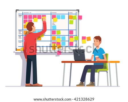 Two developers planning their work. Scrum task board hanging in a team room full of tasks on sticky note cards.  Flat style color modern vector illustration.