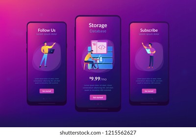 Two developers working with big data technology. Big data management and storage, database analytics and design, data software engineering concept, violet palette. App interface template.