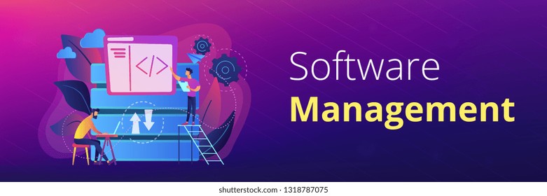 Two developers working with big data technology. Big data management and storage, database analytics and design, data software engineering concept, violet palette. Header or footer banner.