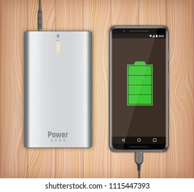 Two devices, charged smartphone connected to the power bank. Smartfone has full chardge. Vector illustration on wooden background.