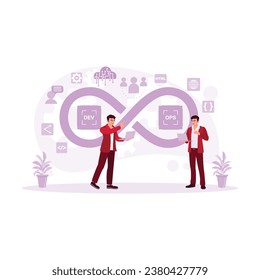 Two DevOps software developers and IT operations engineers work in an agile methodology environment using a laptop. DevOps Developers concept. Trend Modern vector flat illustration