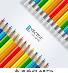 Two diagonal rows of rainbow colored pencils with erasers and realistic shadows on white background. RGB EPS 10 vector illustration
