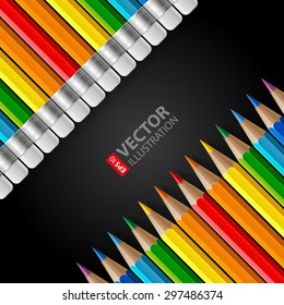 Two diagonal rows of rainbow colored pencils with erasers and realistic shadows on black background. RGB EPS 10 vector illustration