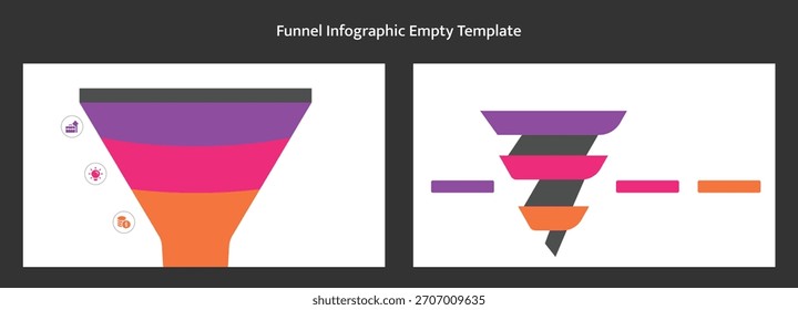 Dos diagramas muestran un embudo de varios niveles con iconos. Un diagrama de embudo deconstruido tiene segmentos coloreados que coinciden con Elementos coloreados. ¡Perfecto para presentaciones e infografías!