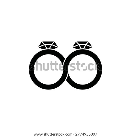 Two diamond rings interlocked as infinity, solid black icon representing eternal marriage, couple union, wedding vow, everlasting love, or engagement commitment.