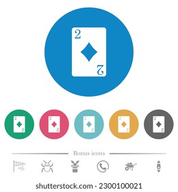 Two of diamonds card flat white icons on round color backgrounds. 6 bonus icons included.