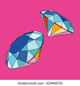 Two diamonds on color background. Pop art image. Illustrated fashion dictionary.