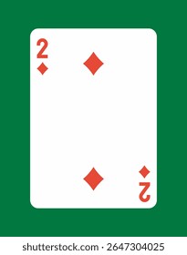 Dois de diamantes jogando carta com símbolos de terno vermelho em um fundo branco, colocado em uma mesa verde. Conceito de jogos de azar, jogos ou baralhos. Ilustração vetorial