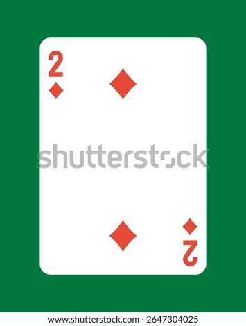 Two of Diamonds playing card with red suit symbols on a white background, placed on a green table. Concept of gambling, games, or card decks. Vector illustration