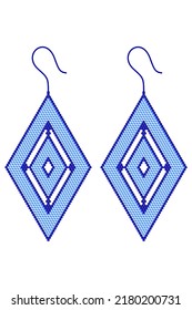 Two diamond-shaped earrings in alternating light and dark blue with a gap made of 3D cubes