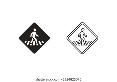 Two diamondshaped signs with a walking figure crossing white zebra stripes