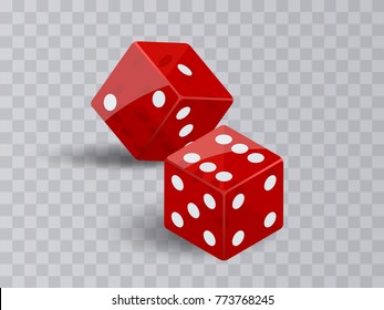 Two dice casino gambling. Red poker cubes vector isolated on transparent background.