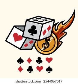 Two Dice and coin chip burning fire with icon love, spade, diamond and club card for element design gambling