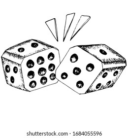 Two dice collided. Logo for the game site with dice. Random loss of winning numbers. Hand-drawn vector image for applications, games, lots, bets. For design and print. Number five and six.