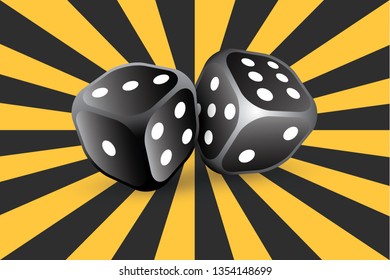 Two dice. To gamble or gambling in craps. Vector icon for casino apps and websites on yellow gray striped background.