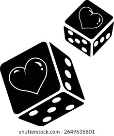 Two dice with hearts, symbolizing love and chance. A graphic design perfect for Valentine's Day Icon vector solid style.