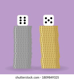 Two dice on two piles of coins a silver and a golden one